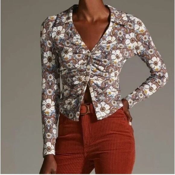 Maeve by Anthropologie Tops - Maeve by Anthropologie Floral Ruched Button-Up Shirt Blue/Brown/White Women's M